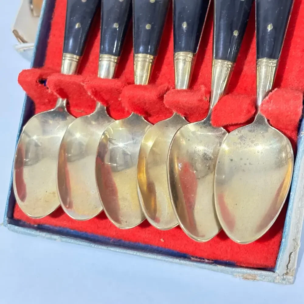 Thailand brass & teak spoons set cocktail espresso tea demitasse boxed set of 6